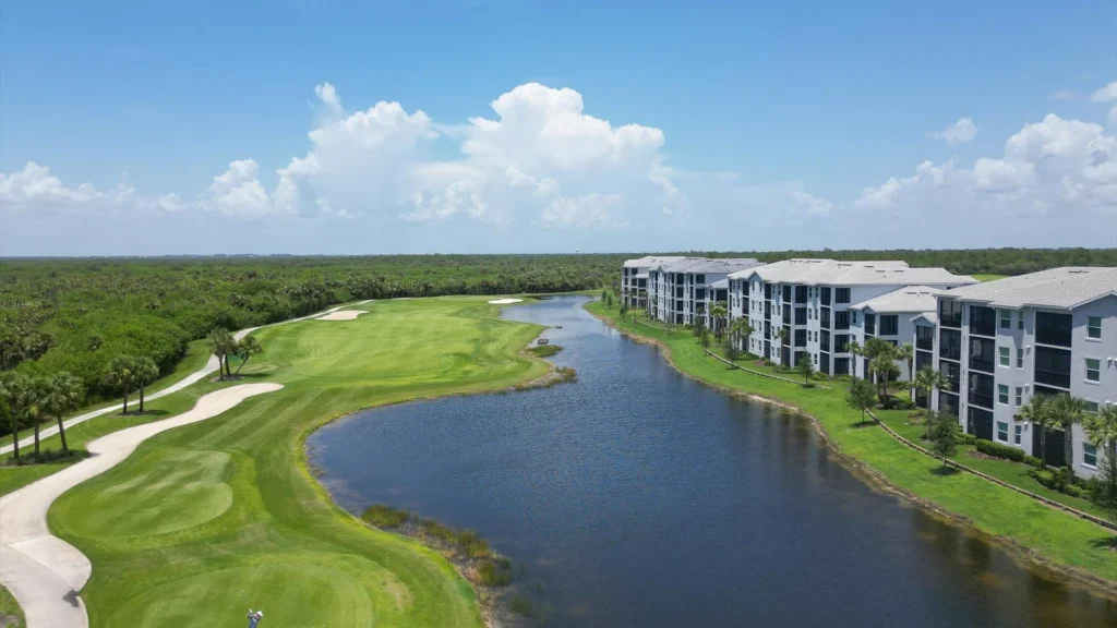 Aerial view of condo complex and golf course in Charlotte Harbor